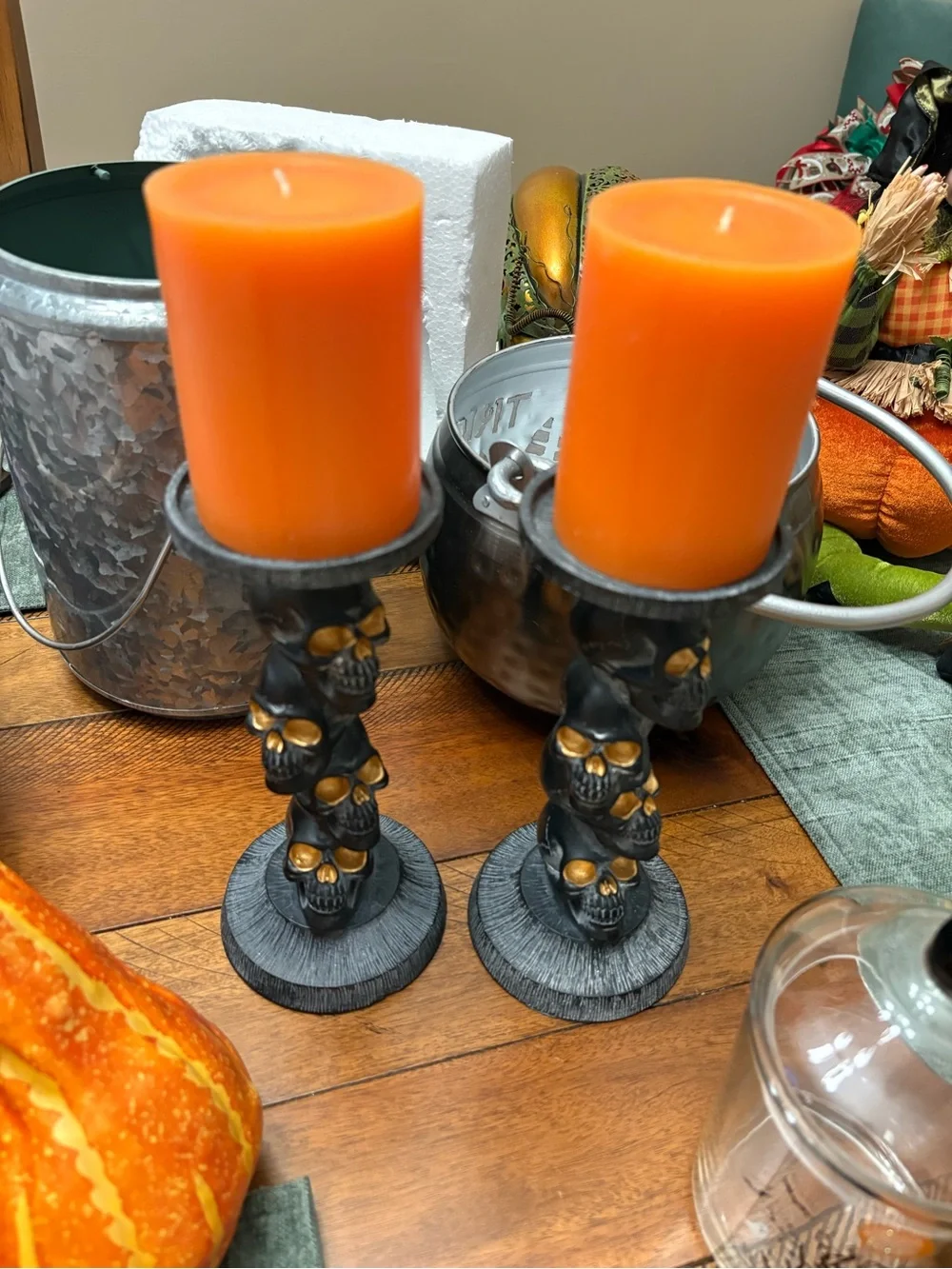Halloween Skull Candlestick Pair in Black and Gold